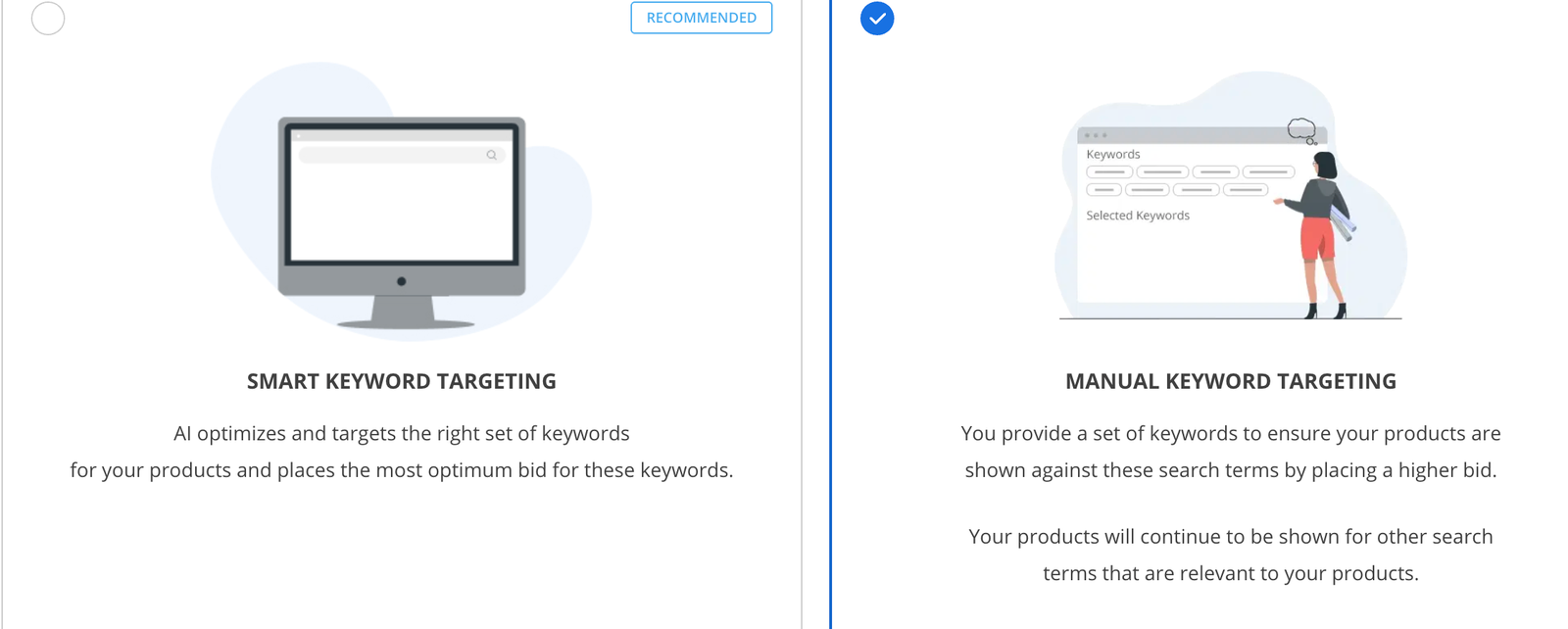 Inmar keyword targeting options showing Manual Keyword Targeting stating products will continue to be shown for other relevant search terms